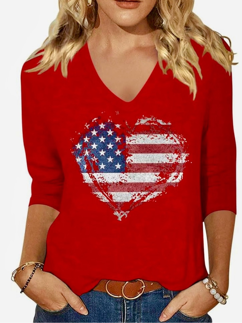 Red V-Neck Tee with Distressed American Heart-Shaped Flag